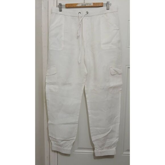 Nicole miller womens 1xl cargo white jogger 100% linen pants elastic waist - Picture 1 of 7